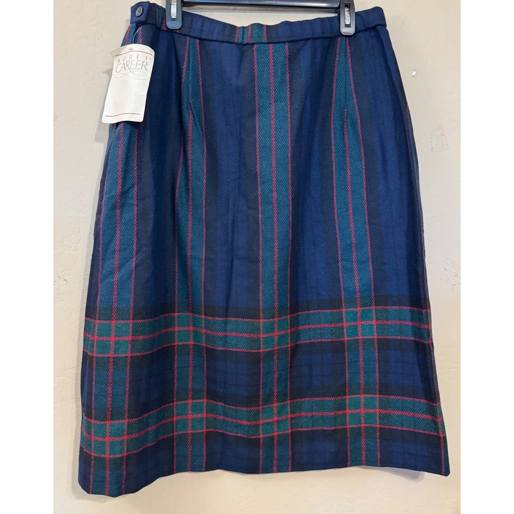 Koret Career Plaid Midi Skirt Women 34 Navy Blue Wool Blend Vintage USA NEW